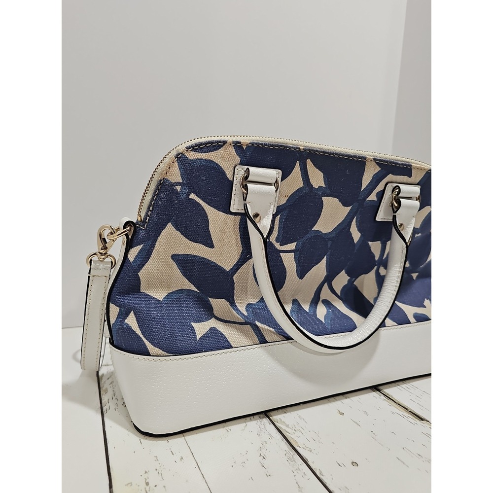 Kate Spade Wellesley Rachelle Leaves Dome Satchel Handbag Navy Blue White Canvas - Picture 9 of 13
